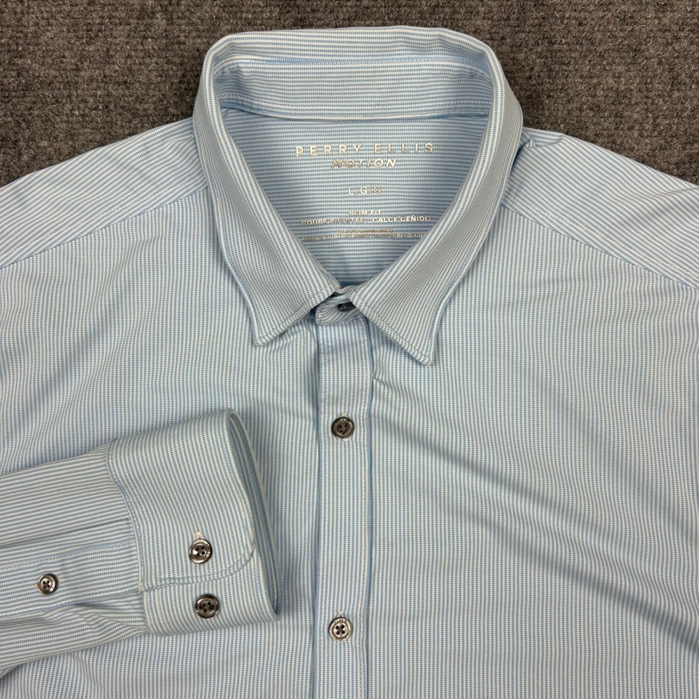 Perry Ellis Motion Shirt Mens L Blue Stripe Slim Fit Stretch Performance Long